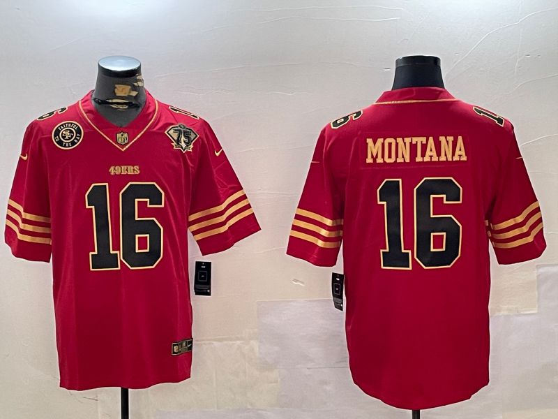 Men San Francisco 49ers #16 Montana Red Gold 2024 Nike Limited NFL Jersey style 12302